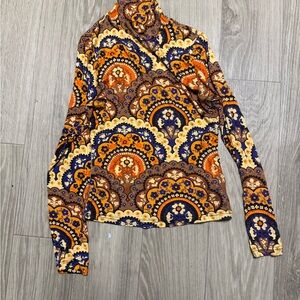 Manoush Vibrant velour Paisley Long Sleeve Turtleneck Top small